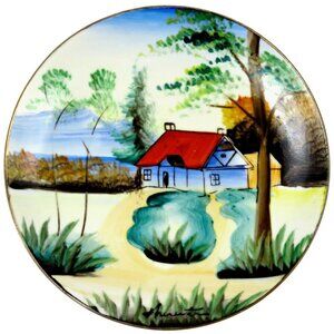 Signed Japanese Scenic Saucer Hand-Painted Landscape 1920s-40s Porcelain